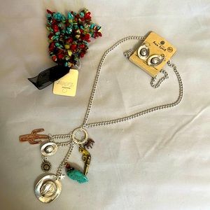 Southwestern style charm necklace, earrings, and bracelet bundle.